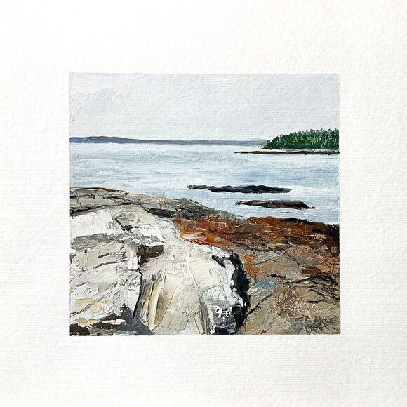 Other - 8x8 Maine Original Oil Painting Atlantic Ocean Rocks New England Coastal Signed